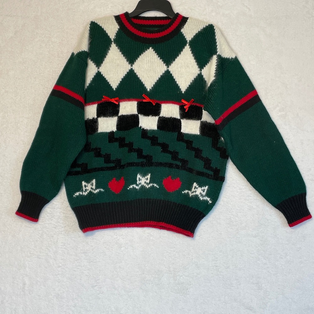 Justine Todd Vintage Green Argyle Heart Bow Sweater Shoulder Pads Womens 1X
